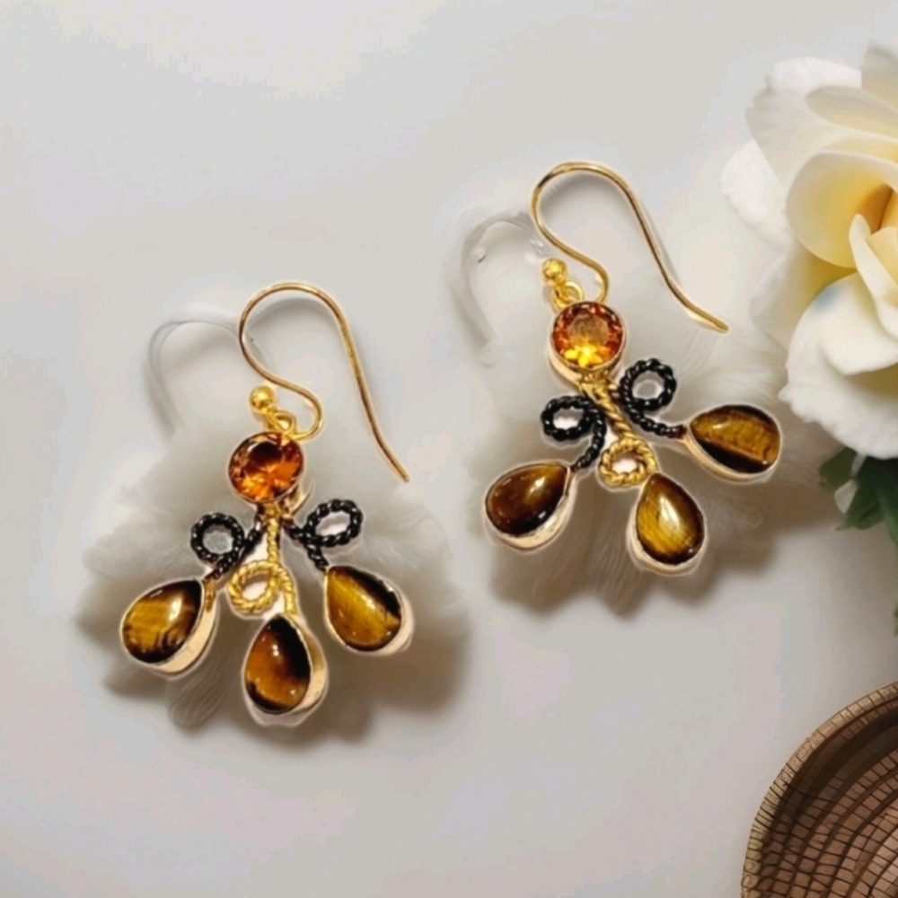 Artisan Natural Tigers Eye Stone & Topaz Gold Rope Earrings